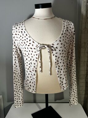 Women's White Ribbed Tie-Front Floral Cardigan Top